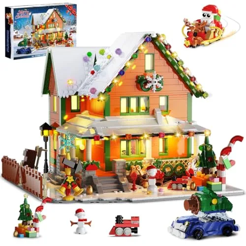 PLAXSOON Weihnachts Haus Mini Bausteinset mit Licht, 1961 Stück Weihnachts Architekturmodell Spielzeug mit Weihnachtsmann, Festliches Klemmbausteine Geschenk für Erwachsene Jungen Mädchen ab 14+