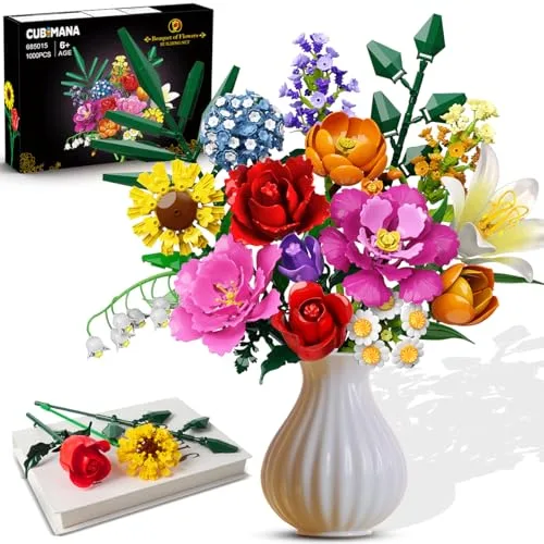 CUBIMANA Blumenstrauß-Bausatz – 1000 Teiles Blumenstrauß-Set, Botanische Geschenk zum Valentinstag für Sie und Ihn, 15 Künstliche Blumen Bausteine Heimdekoration für Erwachsene 6+ Mädchen Geburtstag