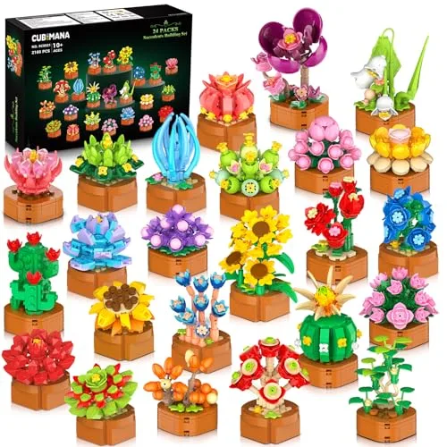 24 Blumen Sukkulenten 3.6MM Mini Bausätze – 2160 Stück Botanische Kollektion Blumenpflanzen Klemmbausteine für Büro Heimdekor,Weihnachts Muttertag Geburtstag Geschenke für Erwachsene Frauen Kinder 10+