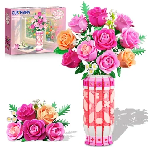 CUBIMANA Romantischer Rosa Rosenstrauß-Bausatz mit Vase und LED-Licht, 845 PCS Blumen-Baustein-Spielzeug, Geschenke für Sie und Ihn, künstliche Kunstblumen für Büro, Heimdekoration und Ausstellung