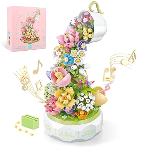 QLT QIAOLETONG Pflanzen Blumen Friends Bauspielzeug Drehbox Musik,Flowers mit LED Licht klemmbausteine Baustein Geschenk für Mädchen 6-12 und Erwachsene Muttertagsgeschenk deko(575PCS)
