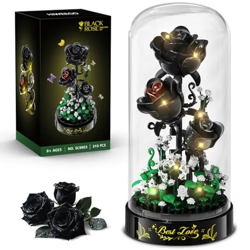 HiWEEGO Schwarzer Rosenstrauß mit LED-Licht, 310 Teile Schwarze Rose Blumen Bauset,Mini Ziegel Blumenstrauß Bauset, Botanische Kollektion Valentinstagsgeschenk für Mädchen, Erwachsene und Frauen