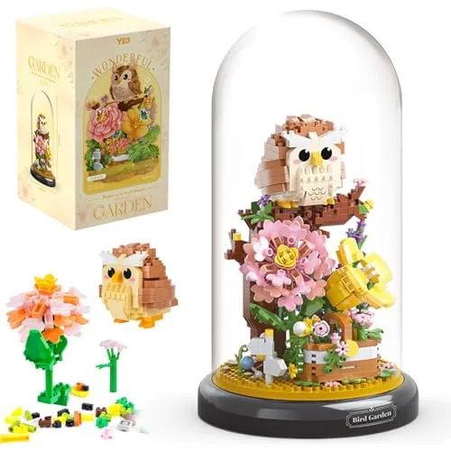 HGRGHH Klemmbausteine Blumen Eule, 1123 Stück Mikroblume Bausteine Eule Blume Bausteine Set mit Staubdichter Kuppel & Basis, Geschenk für Mädchen Jungen Kinder Erwachsene 6-12+ Jahre