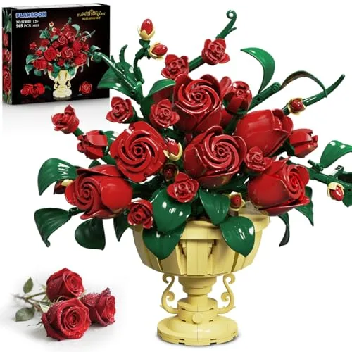 PLAXSOON Blumen Rosen Bauspielzeugset für Erwachsene, Rose Bausteine Blumenstrauß Klemmbausteine, Bonsai Botanical Kollektion Bauklötz Pflanzen Home Deko, Geschenk für Frauen Kinder Jungen Mädchen 12+