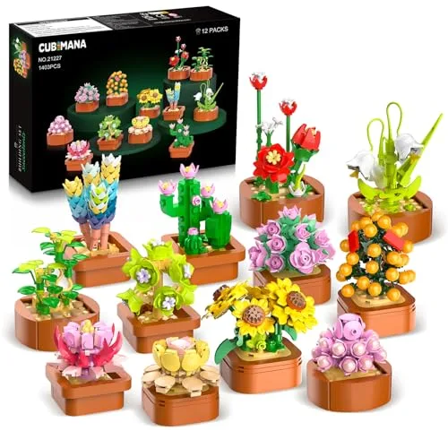 12 Blumen Sukkulenten 3.6MM Mini Bausätze – 1403 Stück Botanisches Set, Büro & Heimdekor, Blumenpflanzen, Bonsai Bausteinspielzeug, kreatives Bauprojekt für Erwachsene, Geschenke für Frauen Kinder 10+