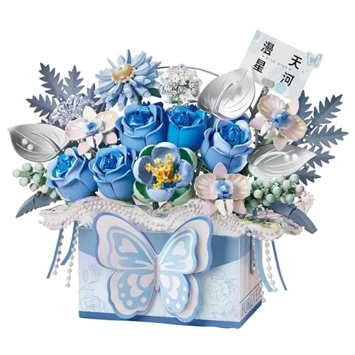 MEIEST Blumenstrauß Bausteine Modell Set,Simulation Künstliche Rose Bonsai Pflanze Gebäude Ziegel Spielzeug,Handheld Geschenkbox Home Decor (Blauer Schmetterling)