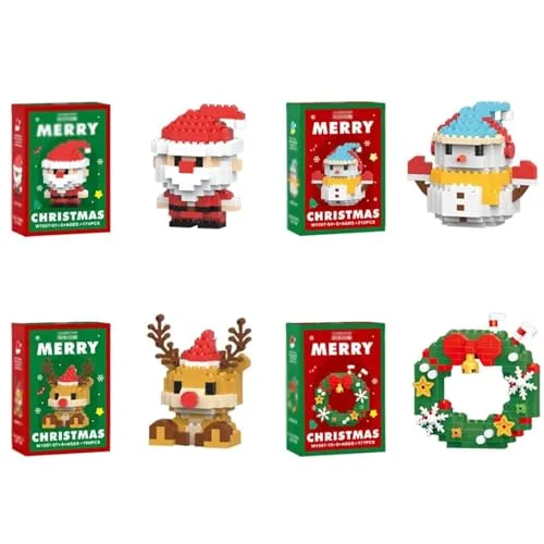 4 PCS Klemmbausteine Weihnachten, Set mit Weihnachtsmann, Schneemann, Rentier und Kranz, kreatives Bauspielzeug für Festliche Dekoration und Geschenke