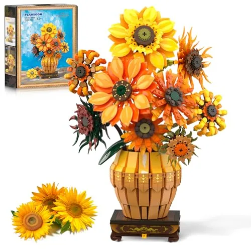 PLAXSOON Sonnenblumen Bauspielzeugset mit Licht Vase Sockel, Blumen Botanical Kollektion Bausteine Heim Deko, 1180 Stück Kunst Blumenstrauß Bonsai Bausatz Geschenk für Erwachsene Mädchen Jungen 12+