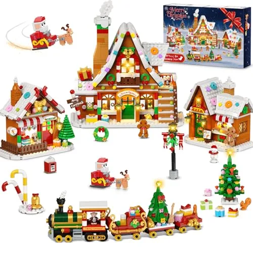PLAXSOON Weihnachts Lebkuchenhaus Mini Bauspielzeug mit Lichtern, Weihnachtsdorf Bausatz mit Weihnachtsbaum Zug Heimdekoration, Klemmbausteine Geschenk für Erwachsene Kinder Mädche Jungen ab 14+