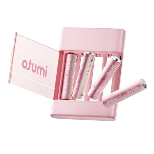 imuto AAA wiederaufladbare Lithium Akkus 4 Stück mit Ladegerät, 1300mWh 1.5V Li-Ionen Triple-A-Batterien, AAA-Batterien mit geringer Selbstentladung und ultraschmalem Ladegerät in Sakura-Design