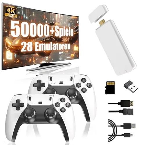 KINMRIS M15 Retro Konsole 4k, Tragbare Video Emulator Spielekonsole mit eingebauten 50000+ Klassische Spiele 28 Emulatoren, Plug and Play Spiel Stick für TV mit 2 x 2.4G Spiel Kontrolleure(128G)