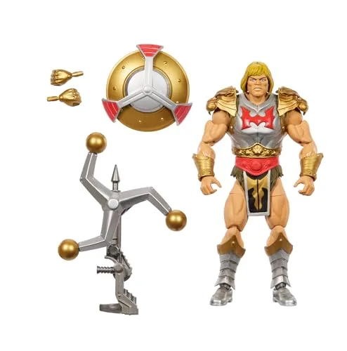 Masters of the Universe Masterverse Actionfigur ca. 18 cm groß, New Eternia Flying Fists He-Man, MOTU Spielzeug, rotierende Waffe und Schild, 30 Bewegungspunkte, JBP75