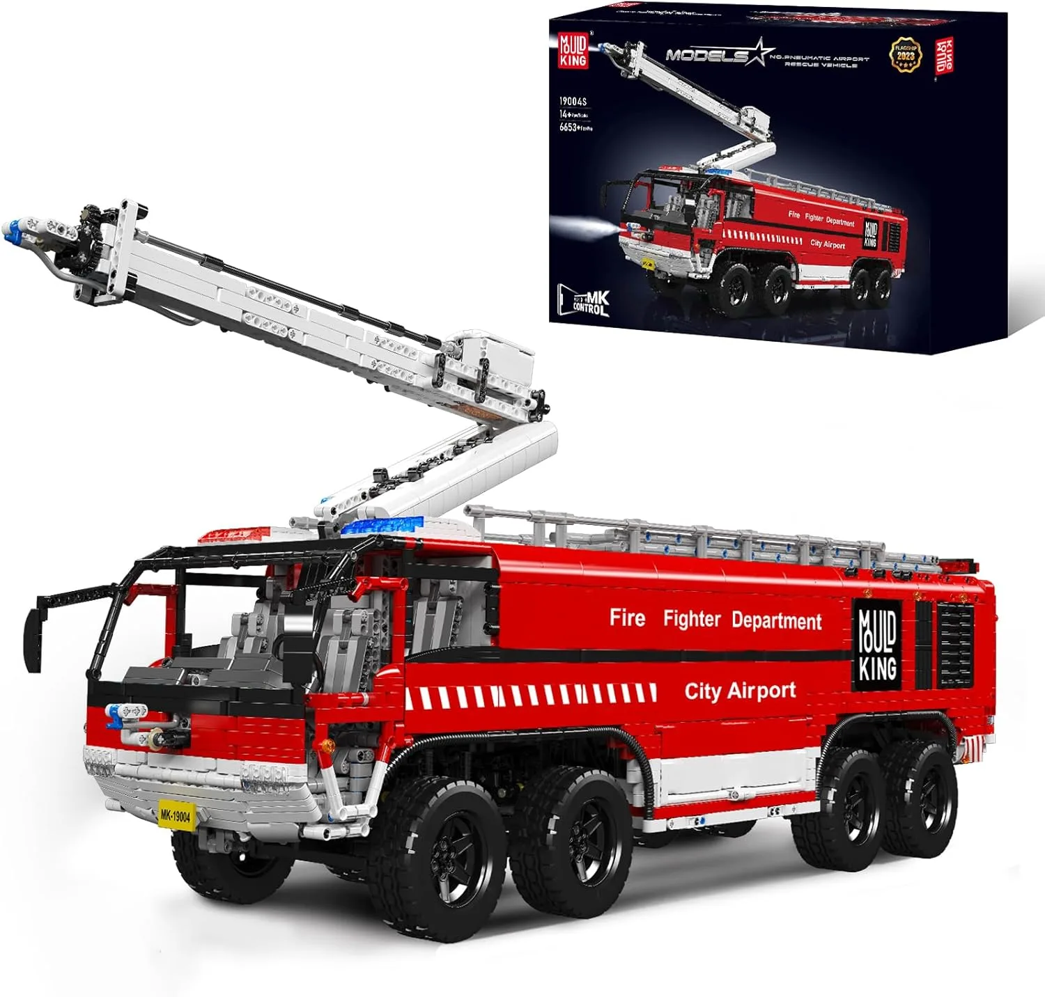 Mould King 19004 Technik Flughafen Rettungsfahrzeug Bausteine Modell, 6653 Teile Airport Fire Truck mit Fernbedienung und App Dual Control, Rettungsfahrzeug LKW Spielzeug Bausatz