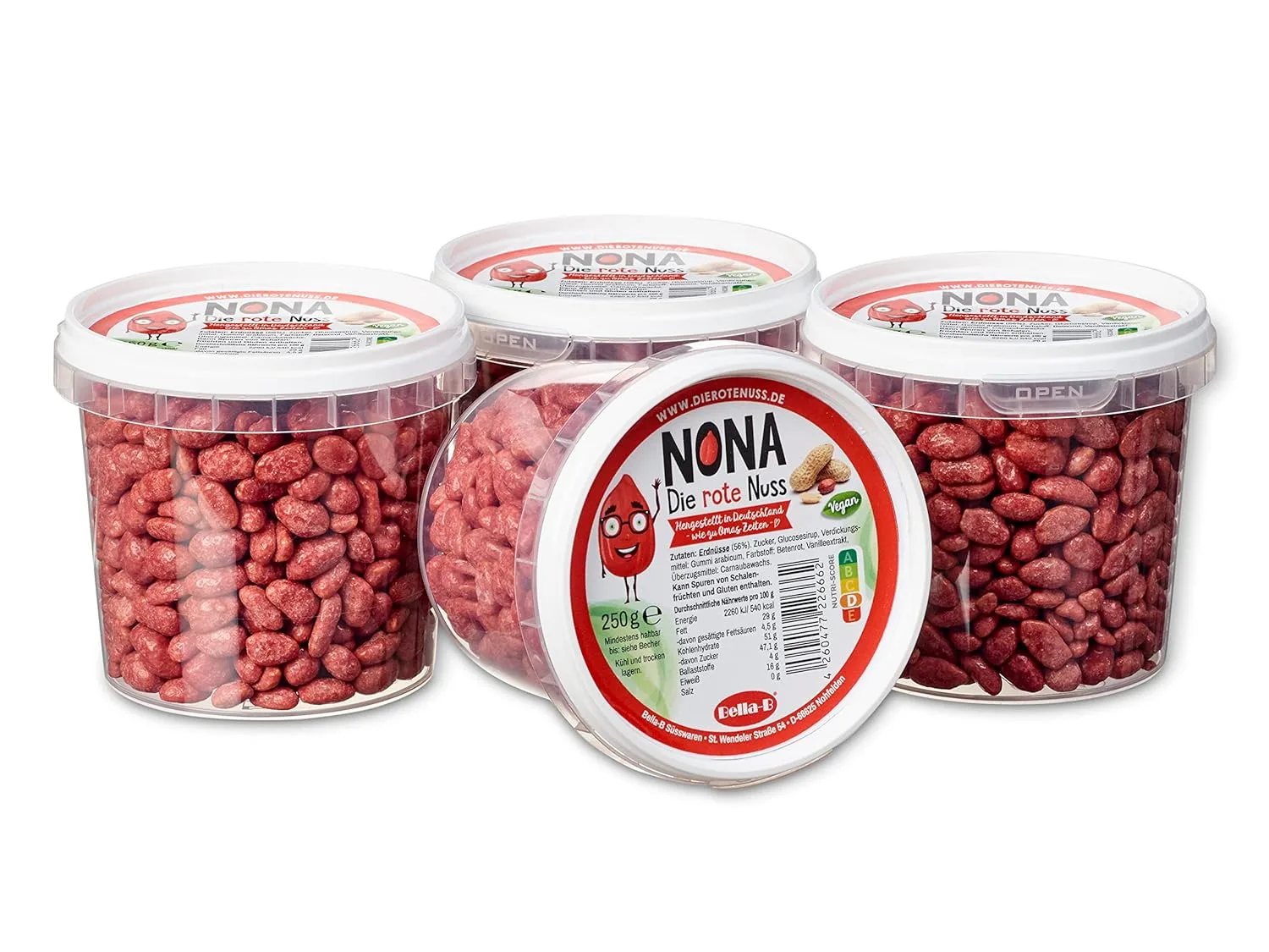 NONA Die rote Nuss - Geröstete Erdnüsse – 4 x 250g - Dragierte Erdnüsse mit rotem Zuckerüberzug - Partysnack - Süße Nüsse - Die roten Erdnüsse - Deutsche Produktion