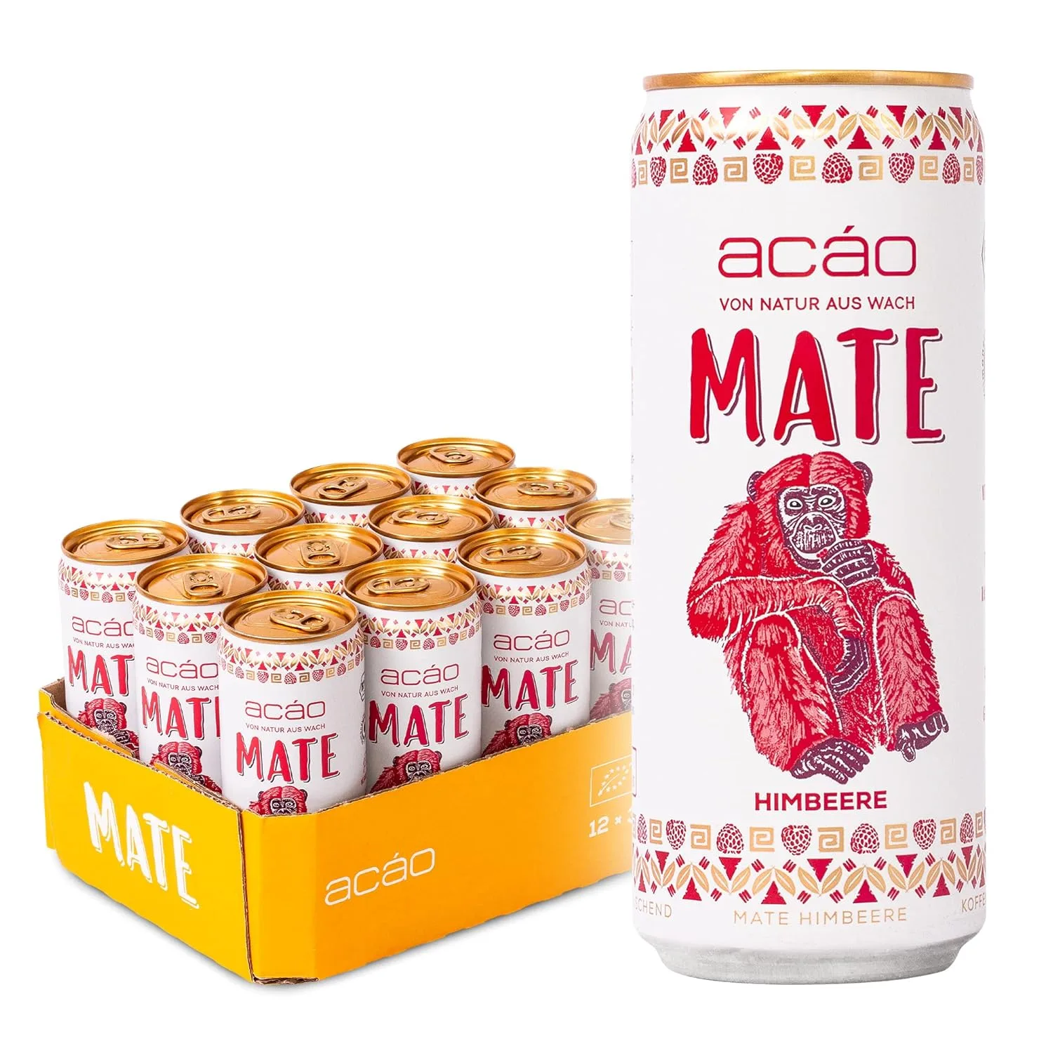 acáo Bio Mate Himbeere (12 × 330 ml Dose) – super fruchtig, kalorienarm – Natural Energy Drink, koffeinhaltiges Erfrischungsgetränk – Mate Tee