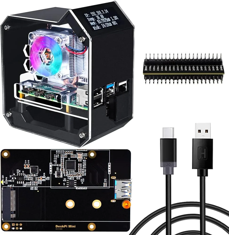 GeeekPi Raspberry Pi 4 ABS Mini Tower NAS Kit, Ice Tower Kühler Gehäuse mit Netzteil, M.2 SATA SSD Speichererweiterungsplatine und 0,96 Zoll OLED-Display nur für Raspberry Pi 4B