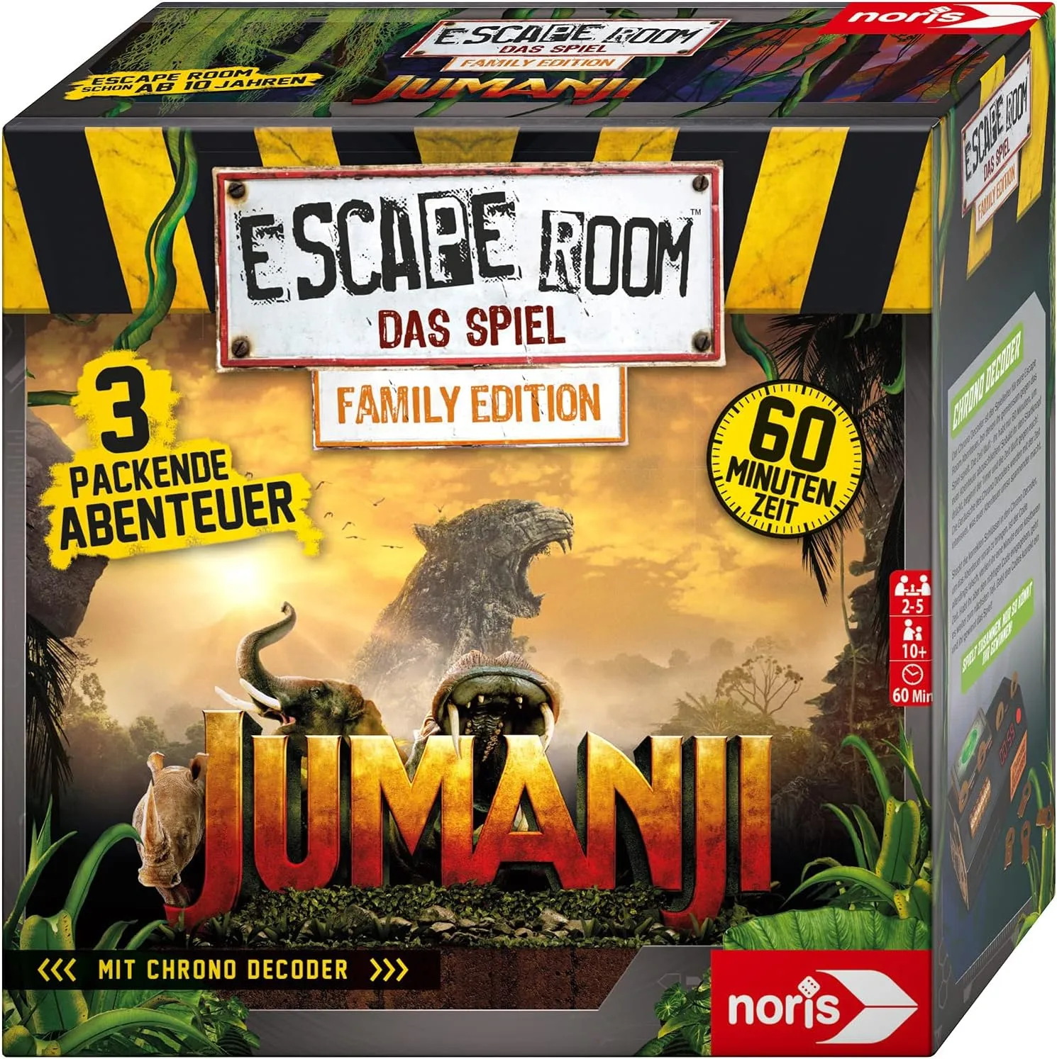 Noris 606101837 - Escape Room Jumanji (Family Edition) - Familien und Gesellschaftsspiel für Erwachsene und Kinder, inkl. 3 Fällen und Chrono Decoder, ab 10 Jahren