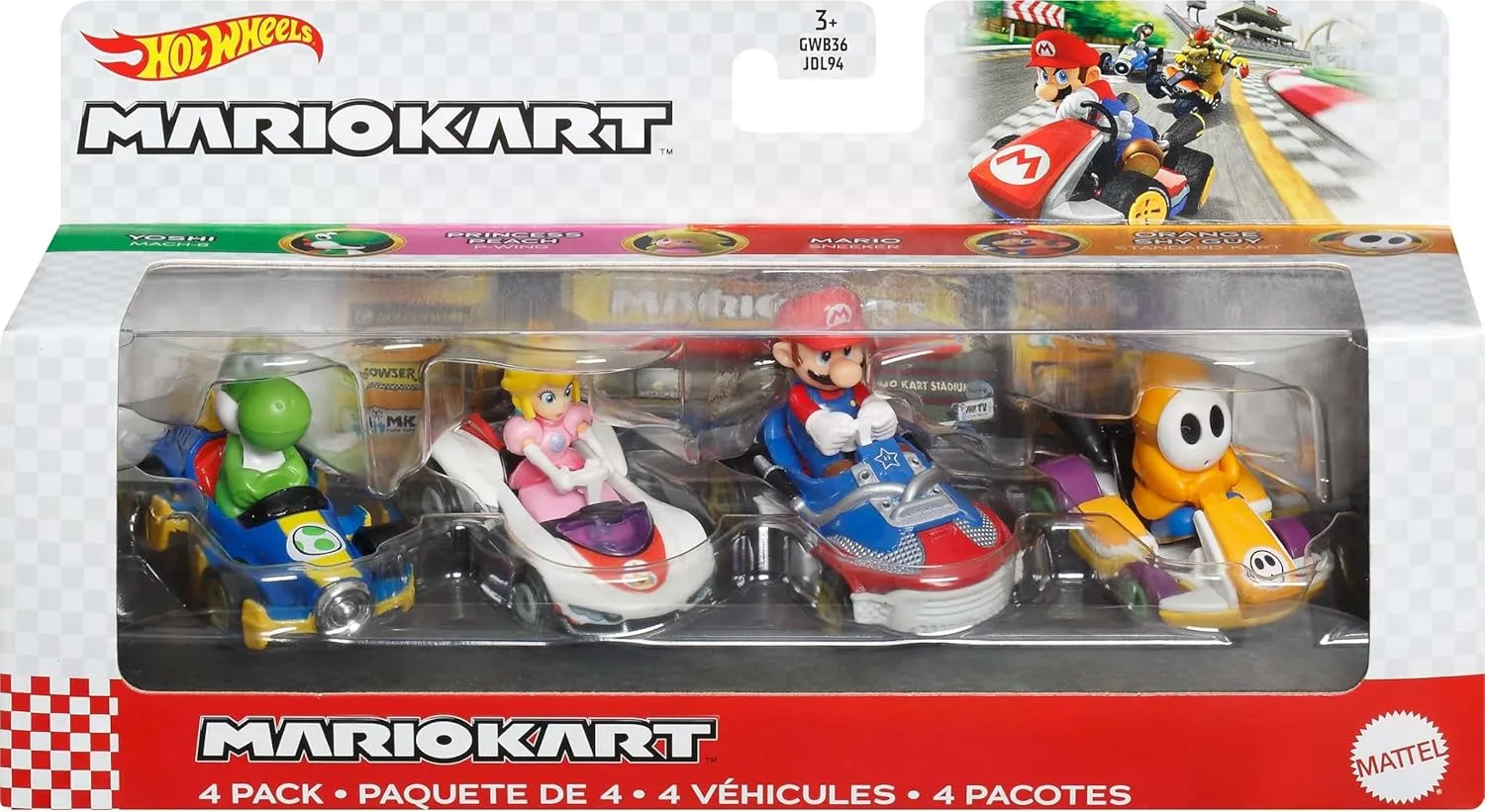 Hot Wheels GWB38 - Mario Kart Die-Cast-Charaktere in 4er-Fahrzeugsortiment, Geschenkset #2, Spielzeug ab 3 Jahren