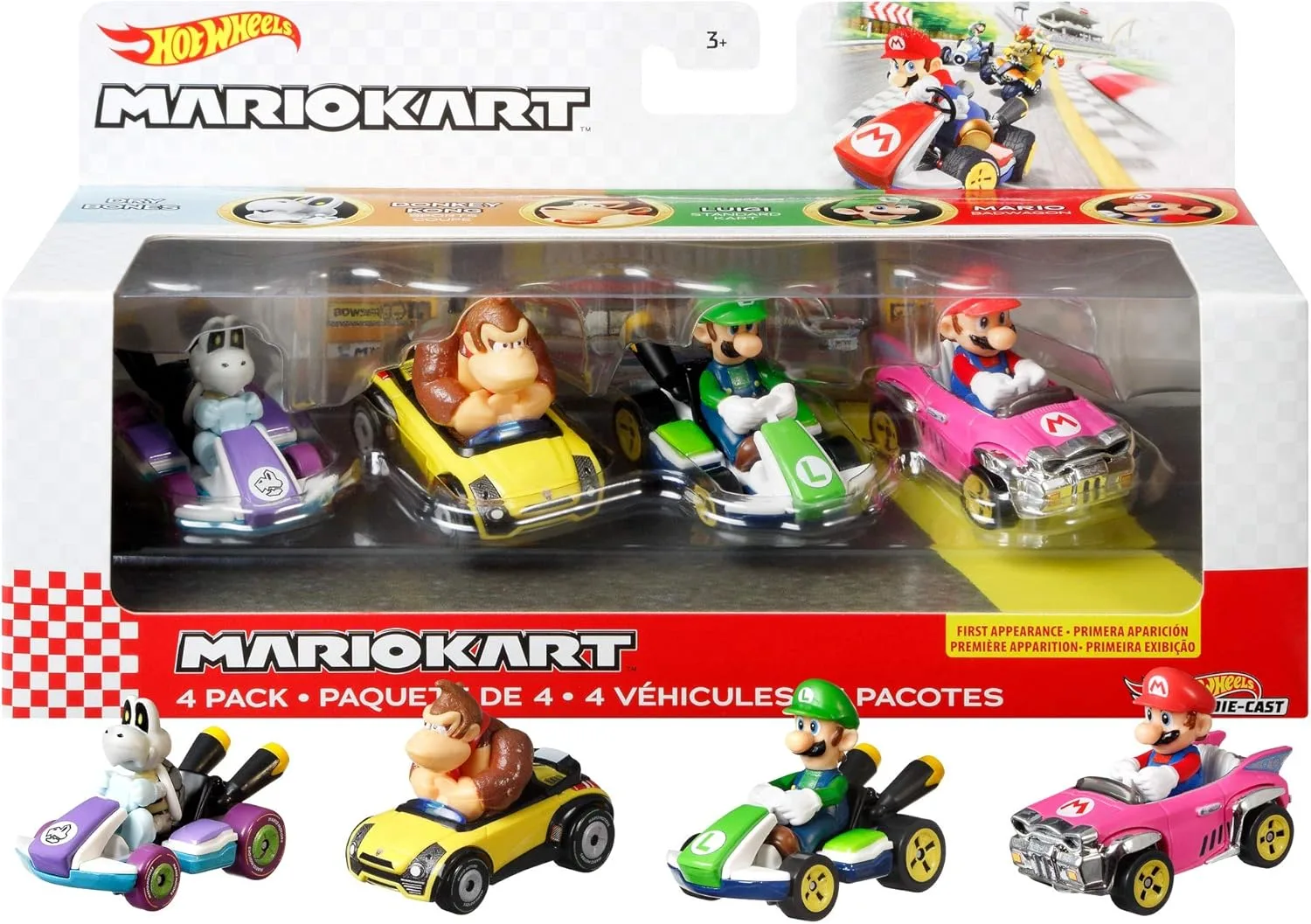 Hot Wheels GWB37 - Mario Kart Die-Cast-Charaktere in 4er-Fahrzeugsortiment, Geschenkset #1, Spielzeug ab 3 Jahren