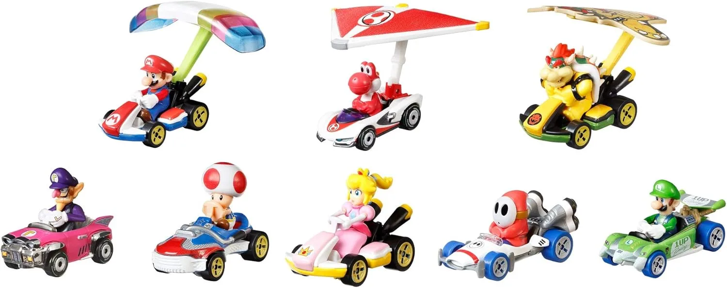 Hot Wheels GXY11 - Mario Kart Die-Cast Charakter Fahrzeuge mit Glider und 5 Die-Cast-Fahrzeuge, Geschenk für Kinder ab 3 Jahren