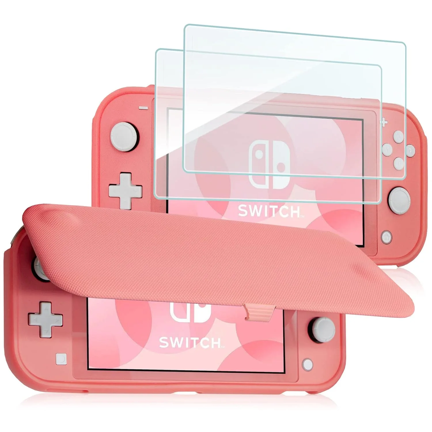 ProCase Klapp Schutzhülle + (2 Stück) Displayschutzfolien für Nintendo Switch Lite 2019, Weich dünn TPU Stoßfest Hülle + 2 Hartglas Blasenfrei Displayschutzfolien aus gehärtetem Glas –Korall