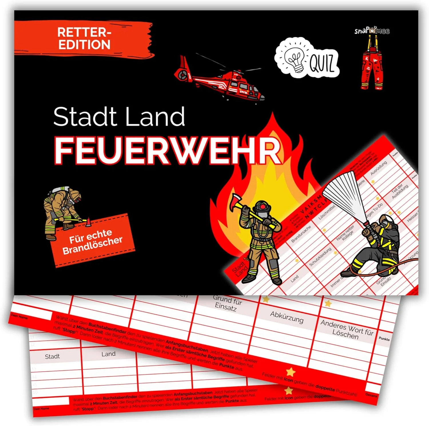 Stadt Land Feuerwehr by snaPmee - Geschenk für Feuerwehrmann & Feuerwehrfrau - Quiz Spiel mit 50 Blatt Din-A4