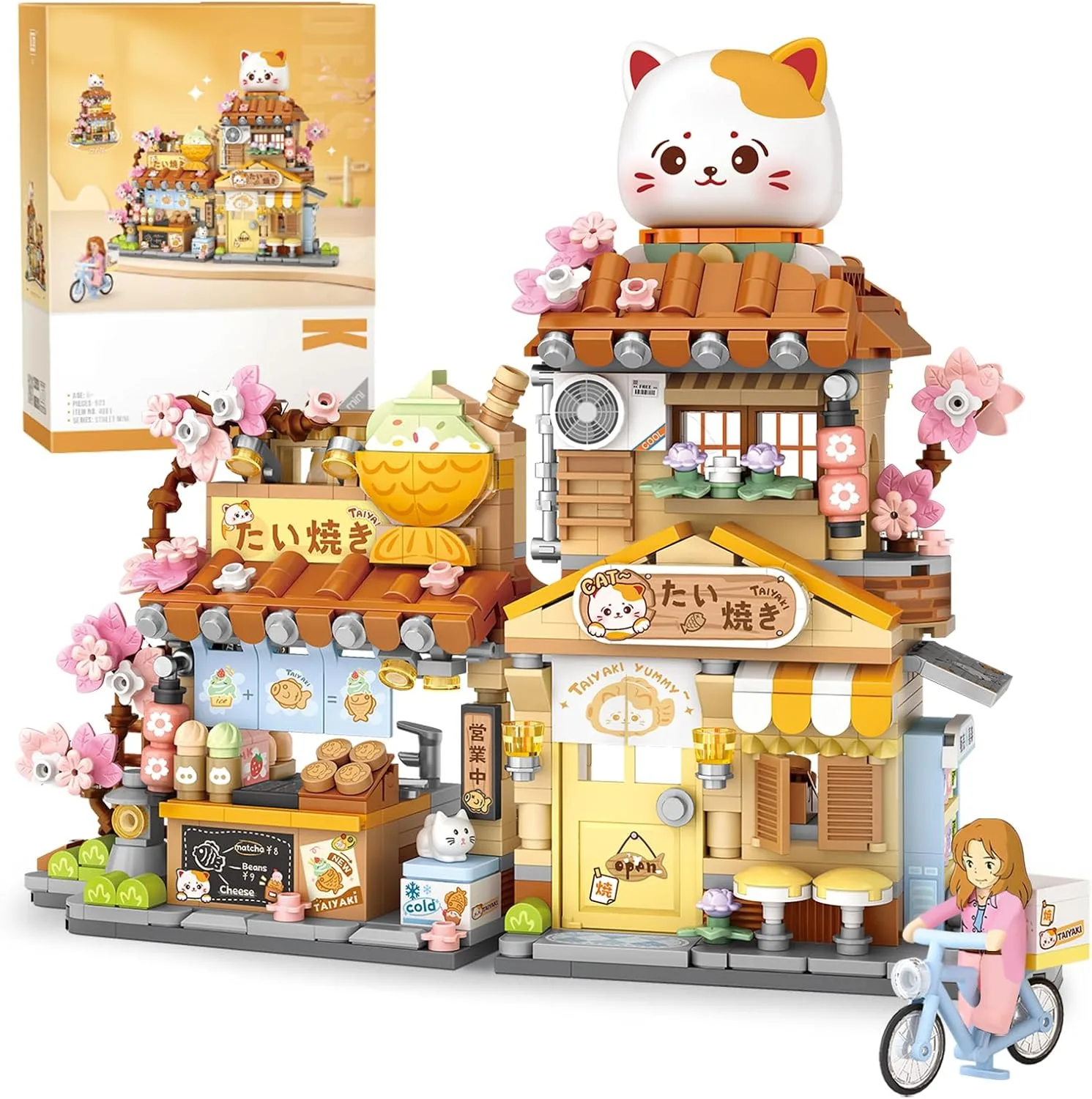 HIGH GODO Mini City Taiyaki Laden Haus Klemmbausteine Spielzeug, 923 Teile Straßenansicht Simulierte Tiere Architecture, Creative Geschenke für Sammler Erwachsene oder Jugendliche ab 8+ Jahre
