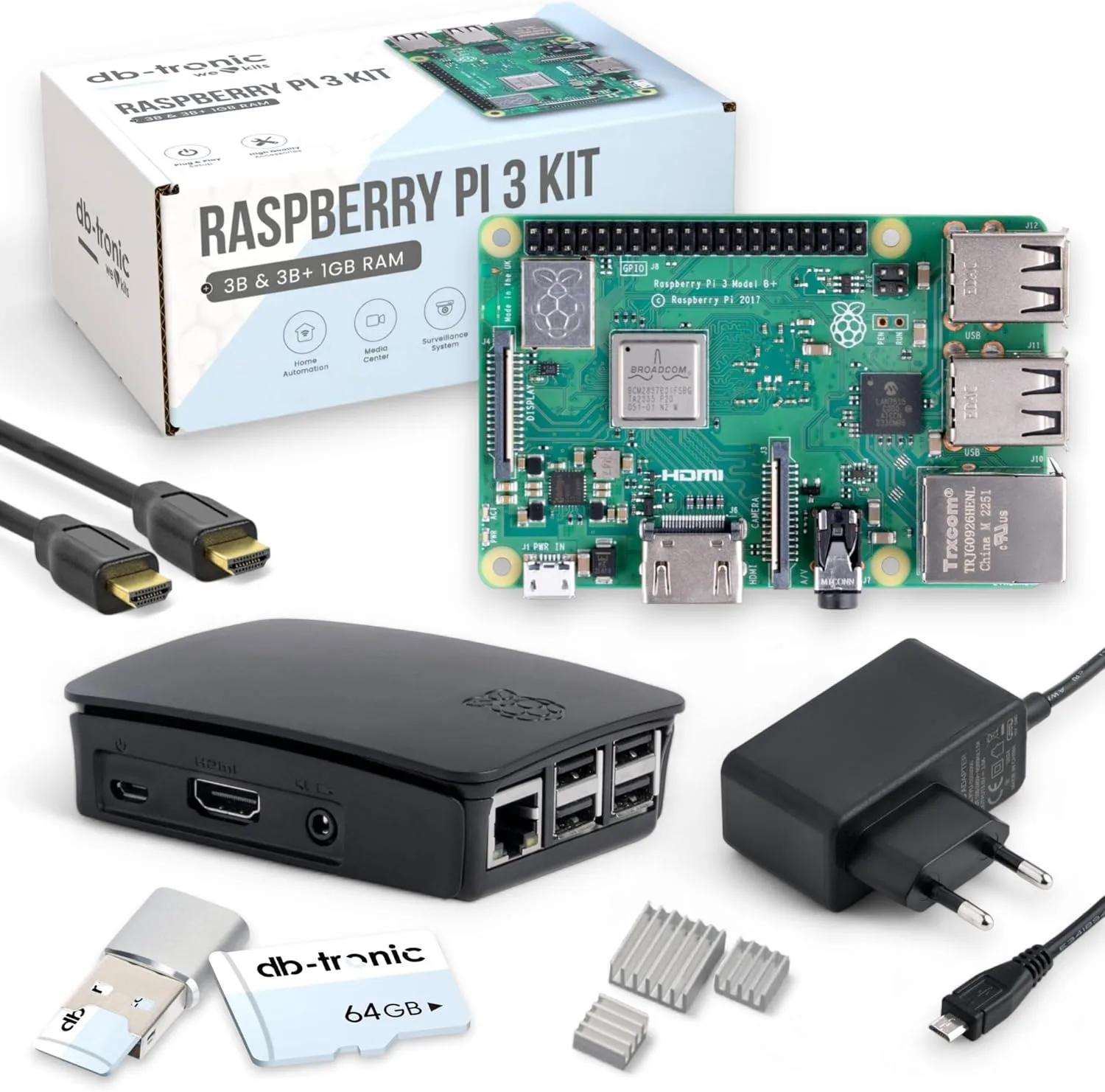 Raspberry Pi 3 B+ Starter-Set | Netzteil | Gehäuse | 64GB Edition | 4K HDMI Kabel | Raspberry Pi 3 B+ 1GB RAM