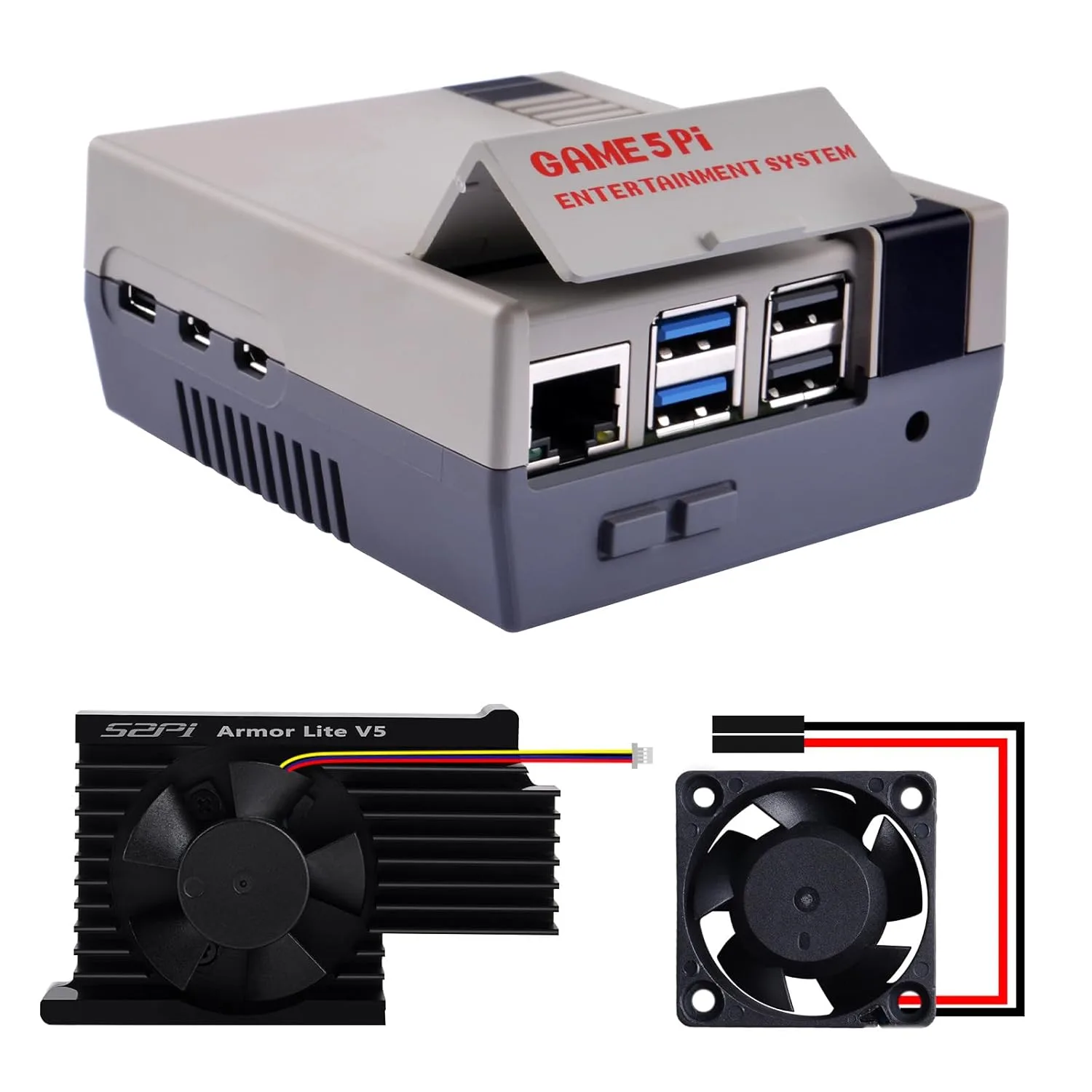GeeekPi Retro Gaming Gehäuse für Raspberry Pi 5, ABS Gehäuse mit Armor Lite V5 Kühlkörper Lüfter für Raspberry Pi 5, kompatibel mit Active Cooler