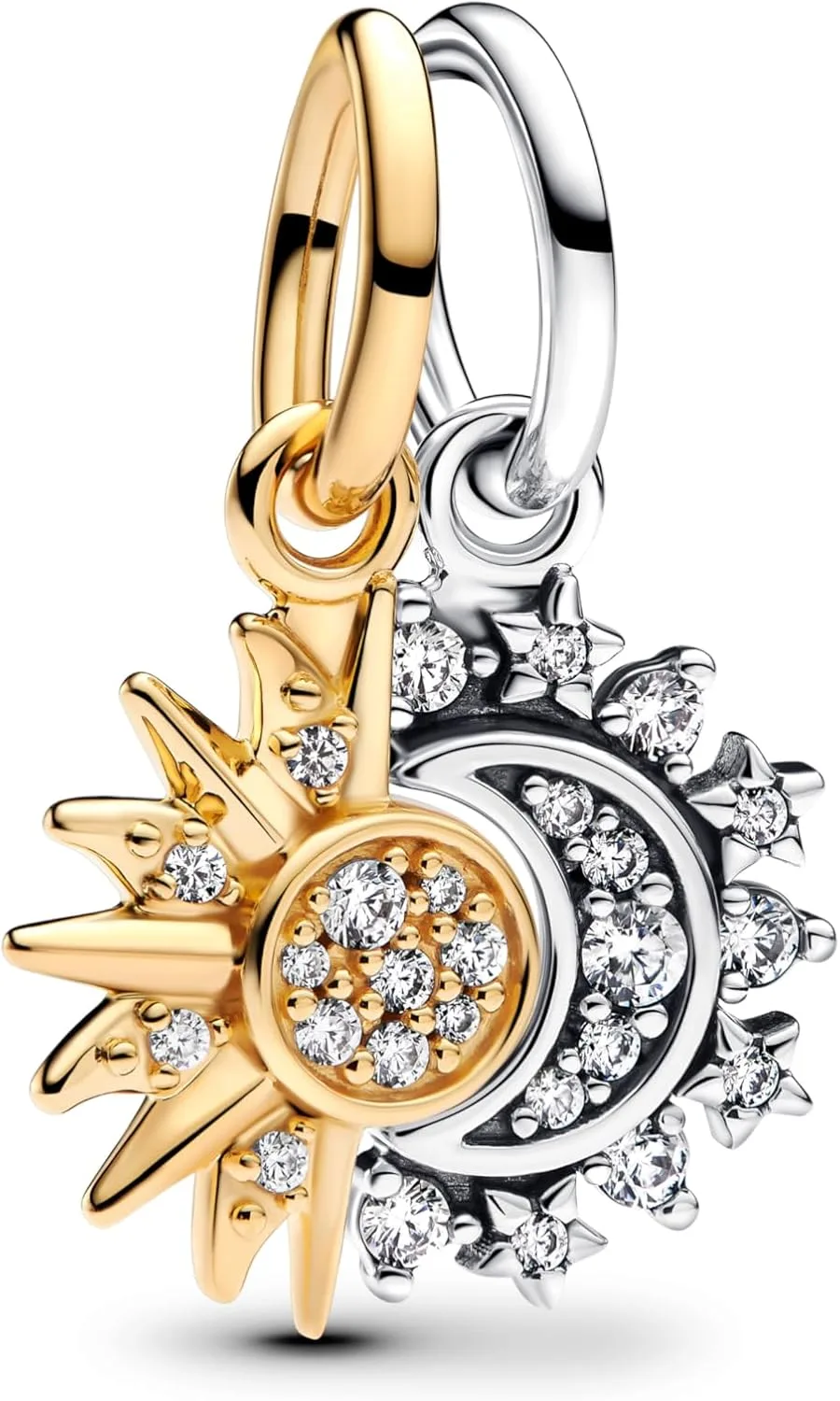 PANDORA Moments Teilbarer Sonne & Mond Charm-Anhänger aus Sterling Silber mit vergoldeter Metalllegierung und Zirkonia, Kompatibel Moments und ME Armbänder, 763585C01