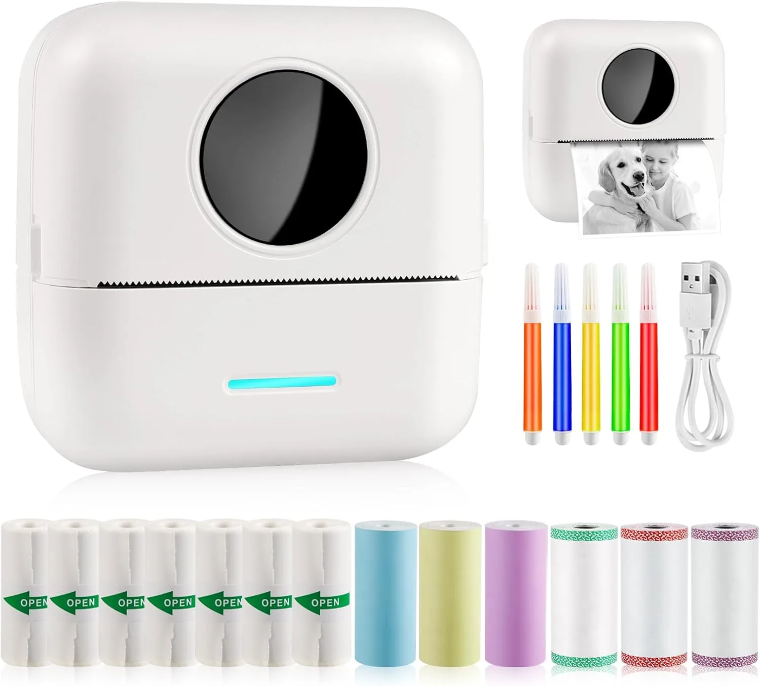 GuKKK Mini Drucker, Mobiler Fotodrucker, Tragbarer, Wireless Thermodrucker, mit 13 Rollen Druckerpapie und 5 Buntstifte, für Lernhilfe,Lernnotizen,Journal,Notizen,Liste