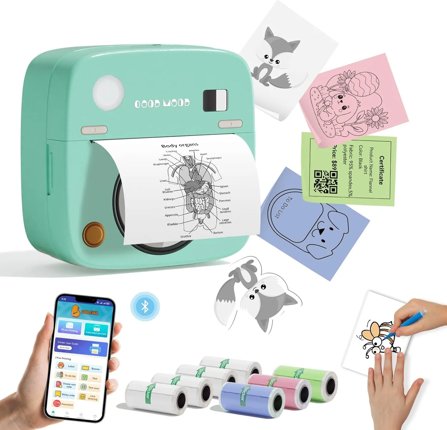 LX-D2 Mini Drucker, Tragbarer Thermodrucker, Bluetooth-Aufkleberdrucker mit 8 Rollen Aufklebern, kompatibel mit Smartphones und Tablets zum Lernen, Bilder, Quittungen, to-Do-Listen (Grüne Kamera)