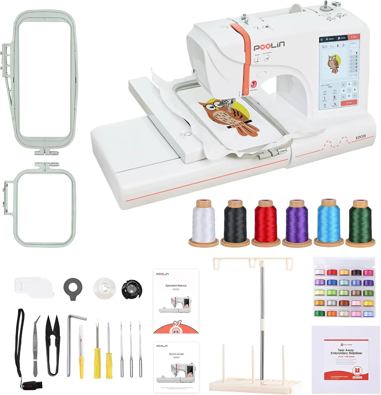 POOLIN EOC05 Stickmaschine computergesteuert 10 x 23,5 cm große Stickfläche fuir kleidung, 18 cm LCD-Touchscreen für Anfänger, Inklusive Faden, Stabilisator, Spule, Stickrahmen