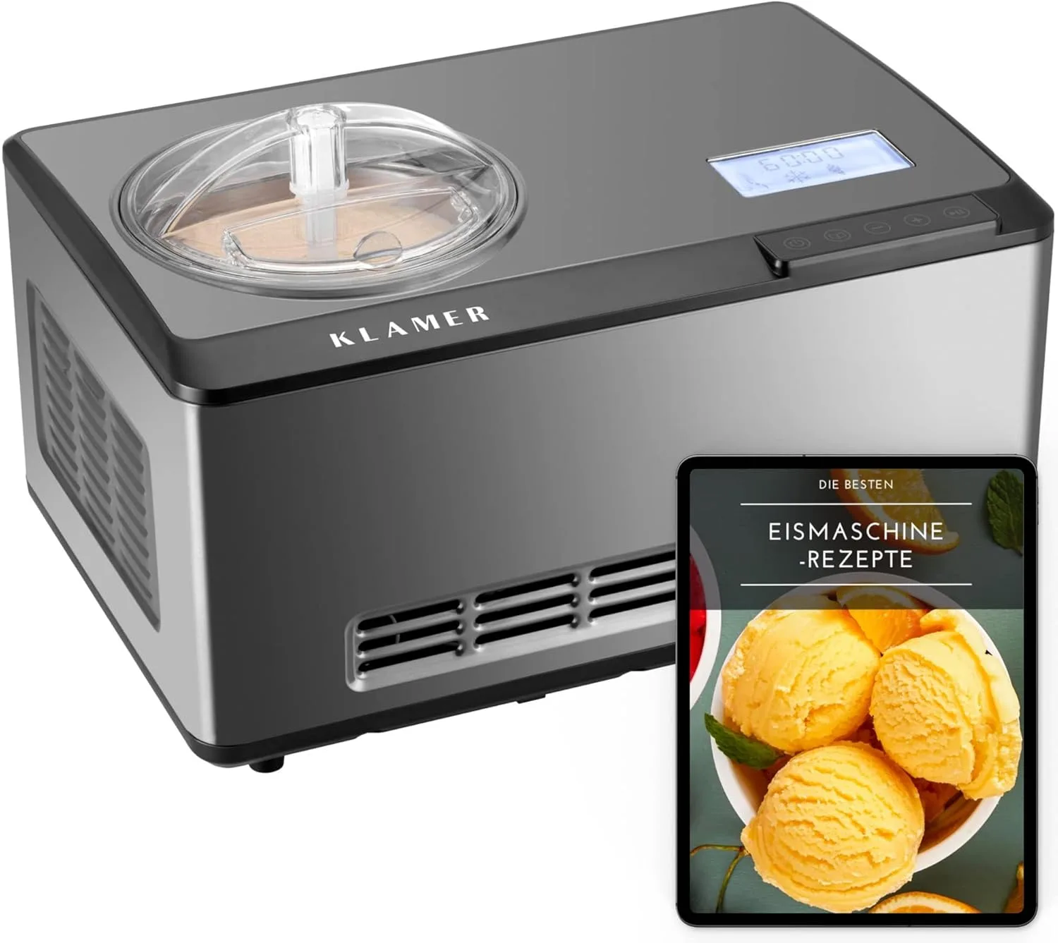 KLAMER 2-in-1 Eismaschine & Joghurtbereiter 2 L, 180 W Eiscrememaschine aus Edelstahl mit Kühl- und Heizfunktion, hausgemachtes Speiseeis mit selbstkühlendem Kompressor, mit digitalem Rezeptbuch
