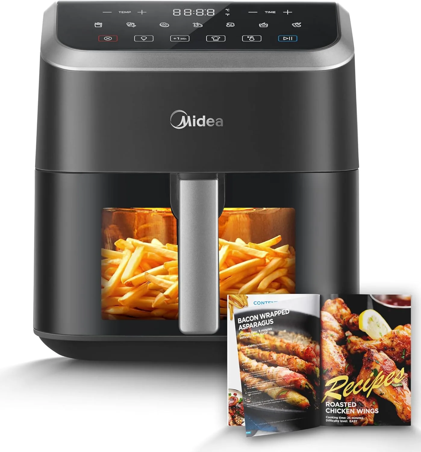 Midea Heißluftfritteuse 5L Fassungsvermögen, HeatXpress Technologie 90% weniger Öl, Energie- und Zeitersparnis mit 7 Voreinstellungen, Easy-View Fenster & Licht, Antihaft, Schwarz