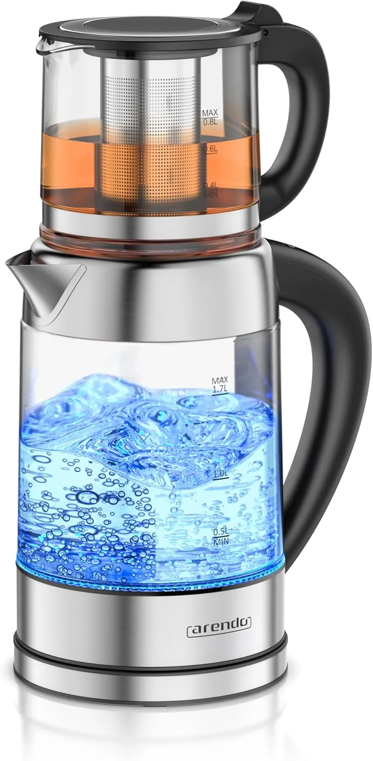 Arendo - Glas Wasserkocher mit Temperatureinstellung 1,8 Liter - Teekocher 0,8 Liter mit Sieb - 2200 W – Überhitzungsschutz – Temperaturauswahl 40° - 100°C - Warmhaltefunktion - LED Beleuchtung