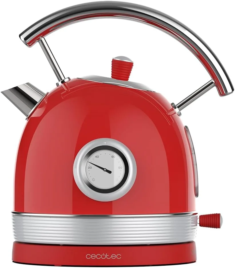 Cecotec Wasserkocher mit 1,8 Liter Fassungsvermögen Thermosense 420 Vintage Light Red. 2200 W, Fassungsvermögen für 8 Tassen Tee, Temperaturanzeige, Vintage-Stil, 360º drehbare Basis, Edelstahl in Rot