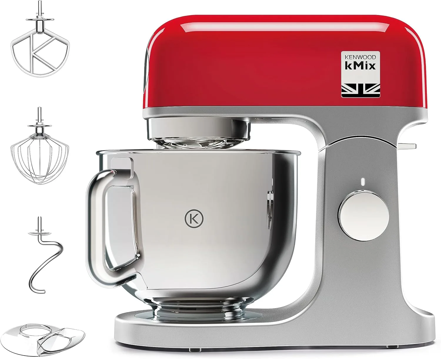 Kenwood kMix KMX750RD Küchenmaschine, 5 l Edelstahl Schüssel, Safe-Use-Sicherheitssystem, Metallgehäuse, 1000 Watt, inkl. 3-Teiligem Patisserie-Set und Spritzschutz, Rot