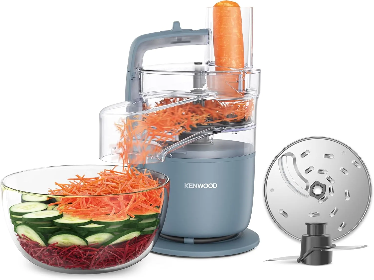 Kenwood MultiPro Go FDP22.130GY, Kompakt-Küchenmaschine nur 30cm hoch, zum Schneiden, Reiben, Pürieren und Teig Kneten, Express-Serve, 1,3 l Arbeitsbehälter, 650 W, Blau