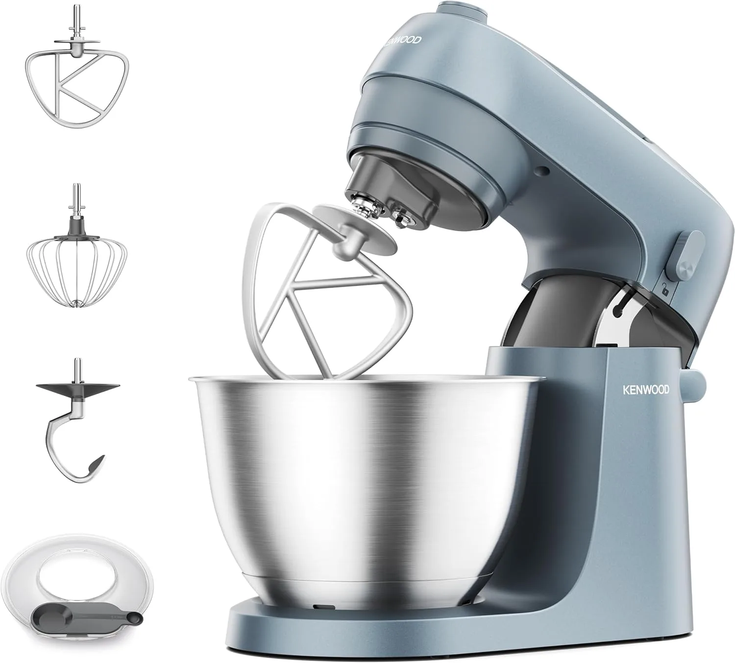 Kenwood Go Küchenmaschine KZM35.000GY, platzsparend, inkl. 4-Liter-Schüssel, K-Haken, Ballonschneebesen, Knethaken, Spritzschutz & Messlöffel, Metallgehäuse mit Tragegriff, 800W, Blau