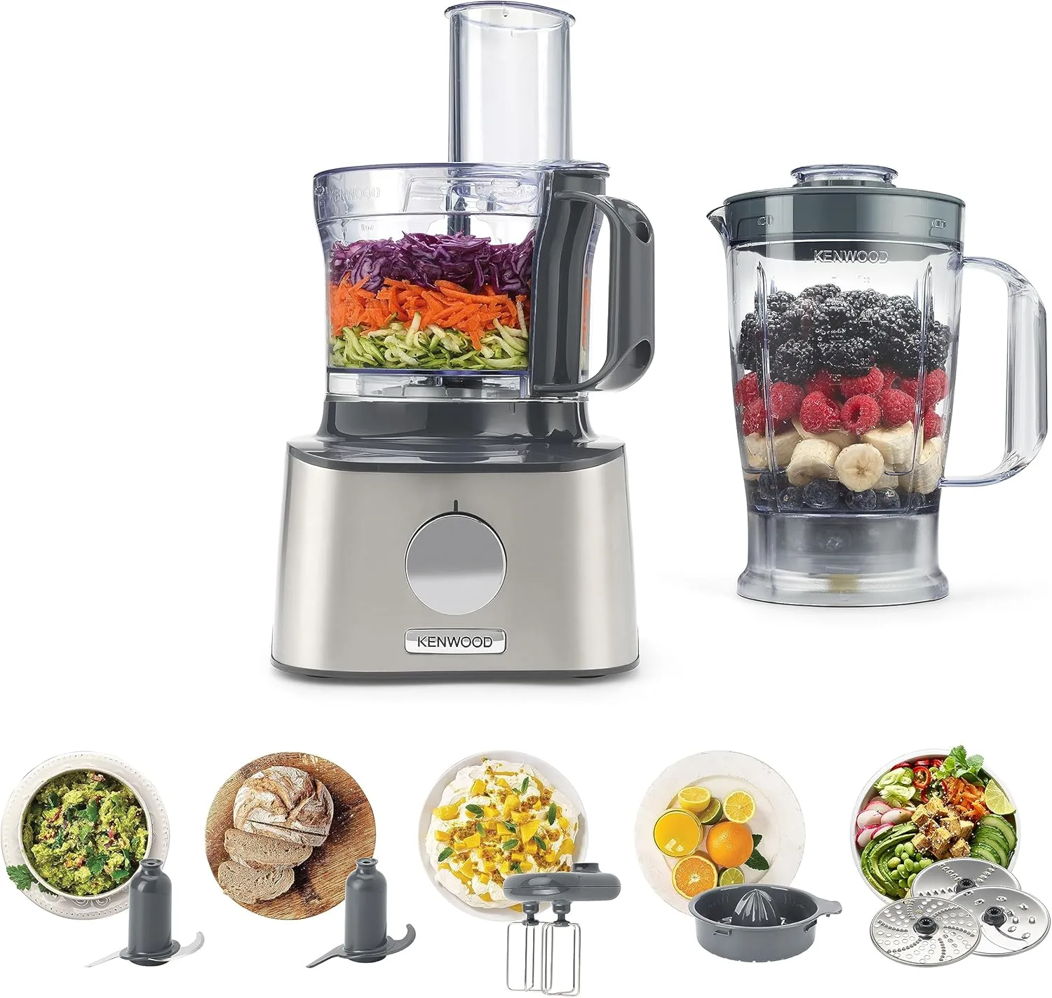 Kenwood MultiPro Compact FDM301SS – Kompakt-Küchenmaschine, 2,1 Liter, leistungsstarker Küchenhelfer mit Acryl-Mixaufsatz, Zitruspresse & weiterem Zubehör, Metallgehäuse, 800 W, Silber