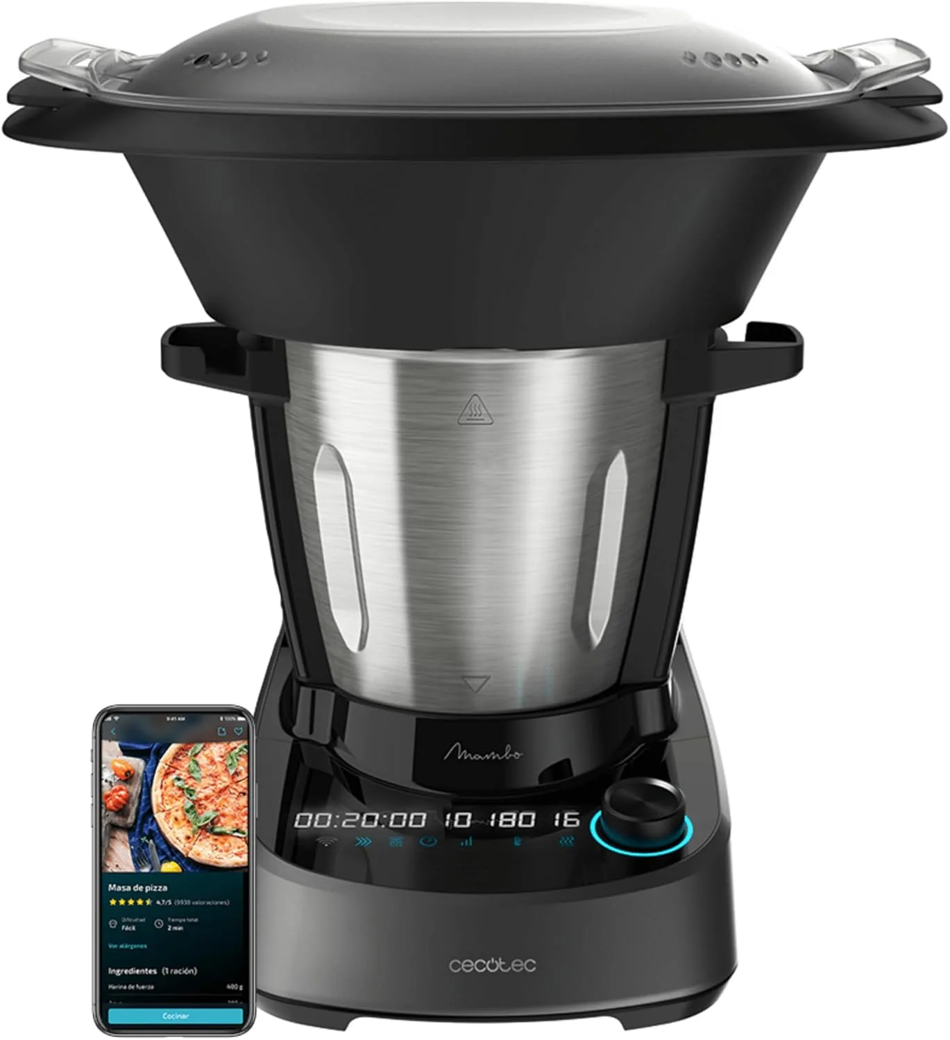 Cecotec Multifunktions-Küchenmaschine Mambo 11090, 1600W, 37 Funktionen, APP, Waage, 3,3L Edelstahlkrug, Spülmaschinenfest, Rezeptbuch und Zubehör, Selbstreinigung, MamboMix-Löffel