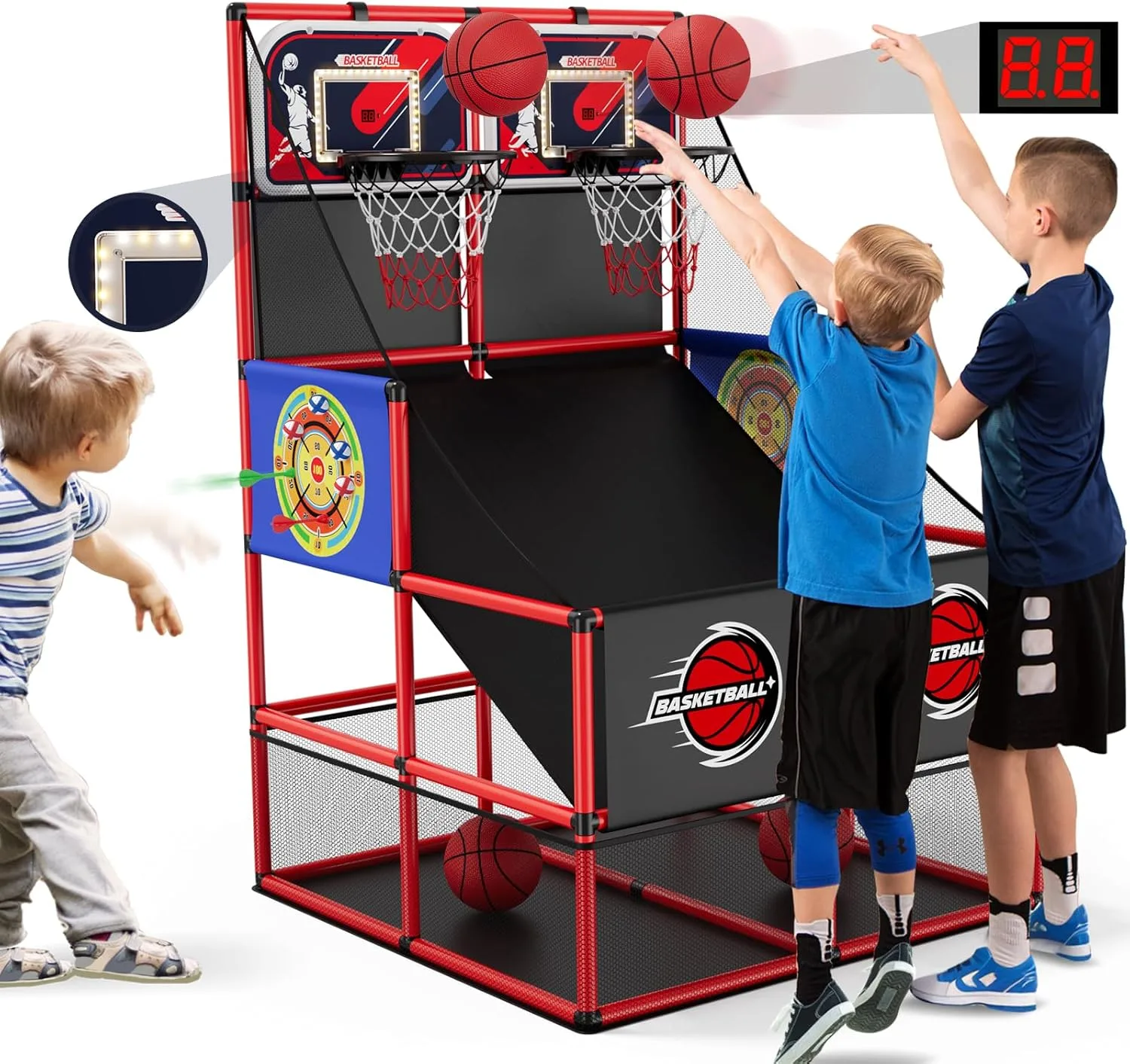 HYES 3 in 1 Dual Shot Basketball Arcade Spiel mit 2 Dart Boards/Elektronische Anzeigetafel/LED Licht, Kinder Basketballkorb für 2 Spieler Indoor Outdoor, Sport Spielzeug für Jungen Mädchen Alter 3-12