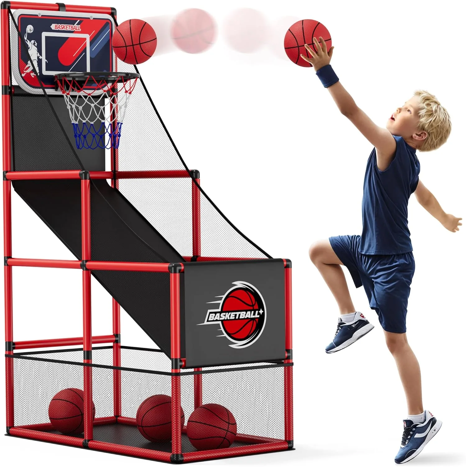 HYES Basketball Arcade Spiel, Kinder Basketballständer mit 4 Bällen, Single Shot Basketballkorb Indoor Outdoor, Karnevalsspiele Sport Spielzeug Geschenke für Jungen Mädchen Teens Alter 3-12 Jahre alt