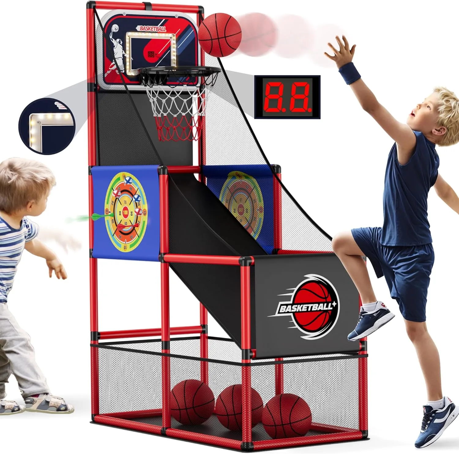HYES 3 in 1 Basketball Arcade Spiel mit 2 Dart Boards/Elektronische Anzeigetafel/LED Licht, Single Shot Kids Basketballkorb Indoor Outdoor, Sport Spielzeug für Jungen Mädchen Alter 3-12 Jahre alt