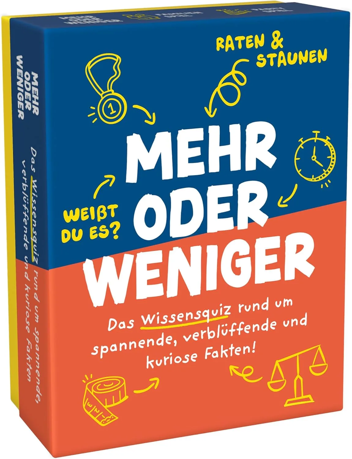 Mehr oder Weniger - Ratespiel ab 2 Personen - 110 Karten 320 Fragen - Spiel für Erwachsene & Kinder ab 10 Jahren - Tolles Kartenspiel für 2+ Spieler - Familienspiel, Gesellschaftsspiel oder zu zweit