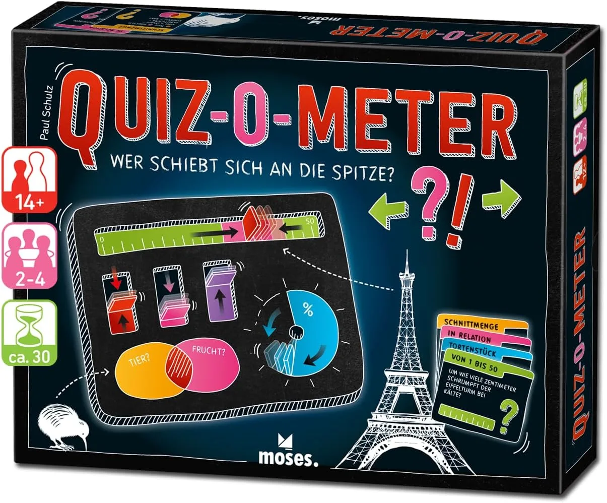 moses. Quiz-O-Meter, Wer schiebt Sich an die Spitze? – interaktives Schätz-Quiz mit cleverer Antworttafel, 240 Fragen voller Aha-Momente, Familienspiel & Partyspiel für 2–4 Spielende ab 14 Jahren