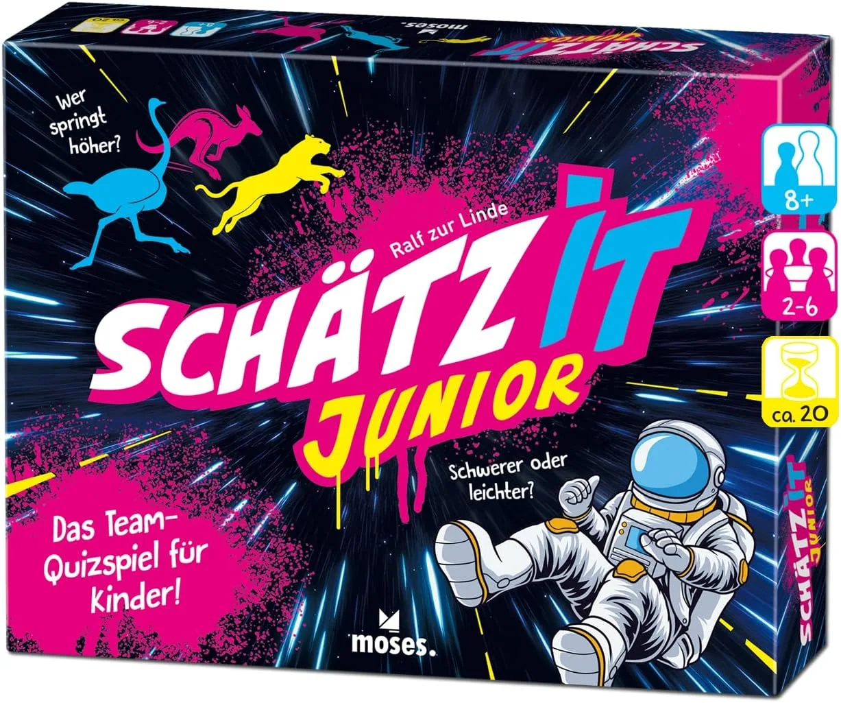 moses. Schätz it JUNIOR, kooperatives Schätzspiel für Kinder ab 8 Jahren, Team-Quizspiel mit 100 Schätzfragen in 3 Schwierigkeitsgraden, Familienspiel für 2-6 Spieler