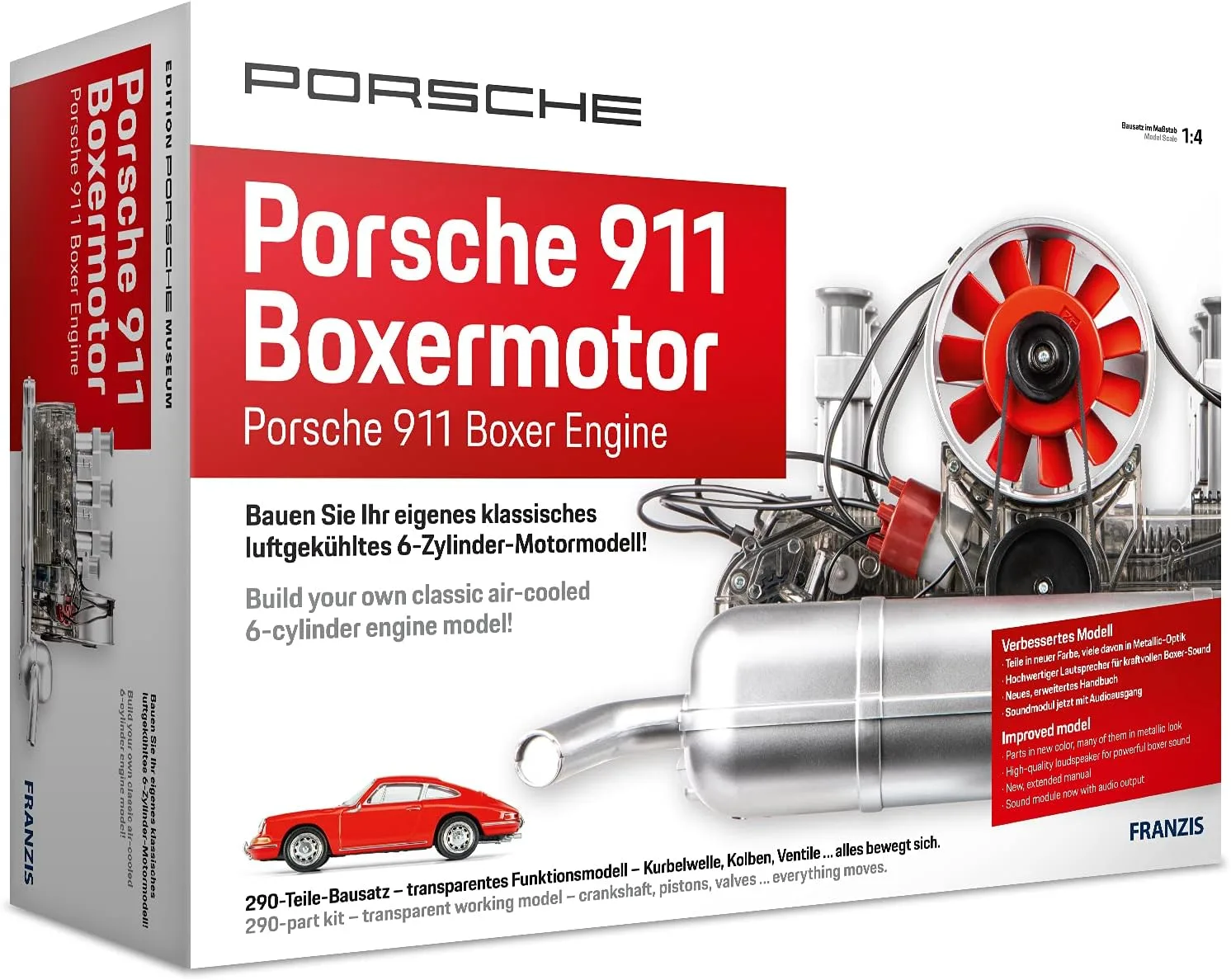 Franzis Porsche 911 Boxermotor, hochwertiger Modell-Bausatz des klassischen 6-Zylinder Motors, Maßstab 1:4, 290 Bauteile zum Stecken und Schrauben, inkl. Soundmodul, Anleitung und Begleitbuch PFS020