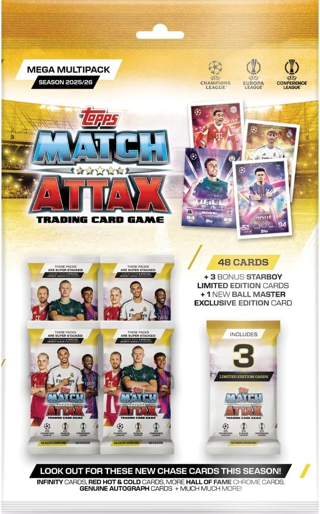 Topps UCC Match Attax 2025/26 - Mega Multipack - enthält 48 Match Attax Karten plus 3 zufällige Star Boy LE's und eine zufällige Ball Master LE-Karte